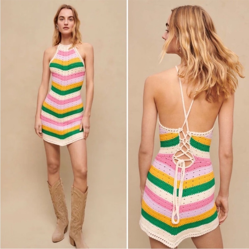 NWT MAJE Ramina Knit Chevron Stripe Retro Colorful Halter Lace Up Mini Dress 42